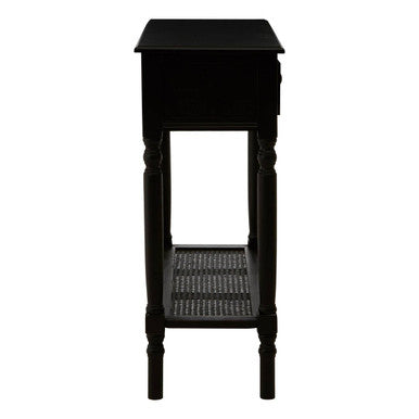 Antique Black Wash Wooden 2-Drawer Console Table with Lower Cane Detail Display Shelf | Heritage