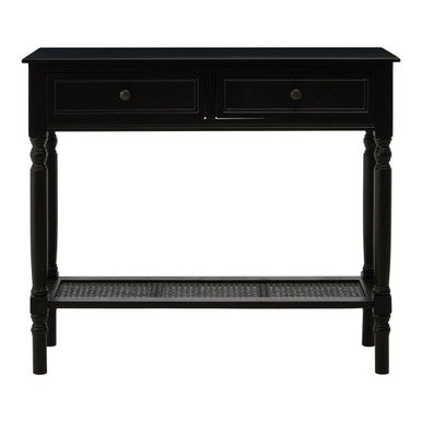 Antique Black Wash Wooden 2-Drawer Console Table with Lower Cane Detail Display Shelf | Heritage