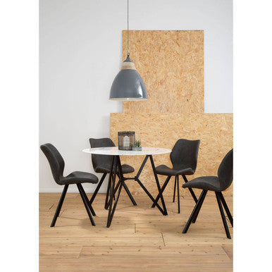 White Round Marble Effect Top and Grey Meta Frame Dining Table with Grey 6 Chairs Set | Weston