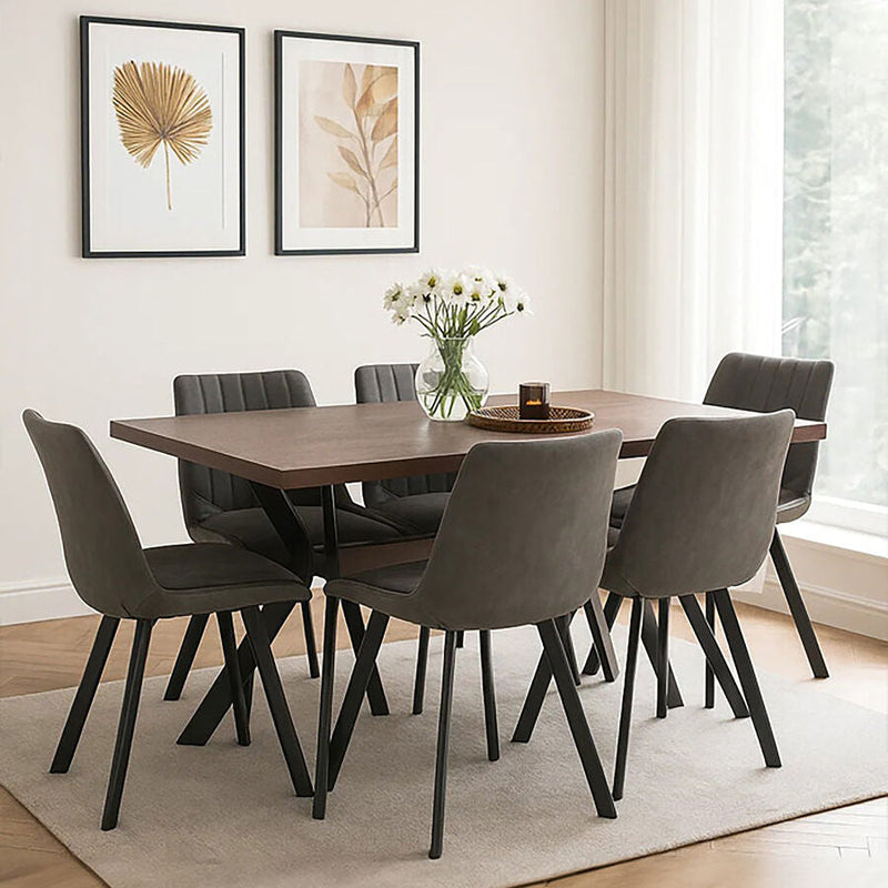 Grey Wooden Top and Metal Legs Rectangle Dining Table with 6 Brown Chairs Set | Westford