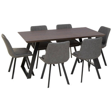 Brown Wooden Top and Metal Legs Dining Table with 6 Grey Chairs Set | Westford