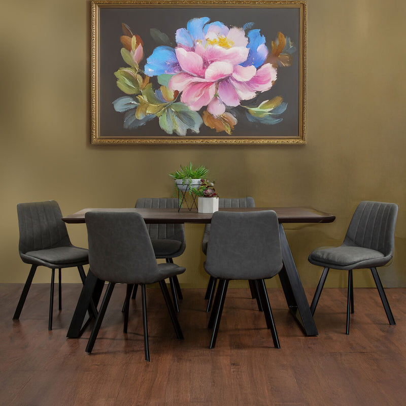 Brown Wooden Top and Metal Legs Dining Table with 6 Grey Chairs Set | Westford