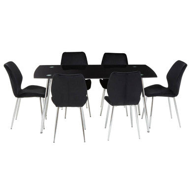 Black Tempered Glass Top and Silver Frame Dining Table with 6 Chairs Set | Wimslow