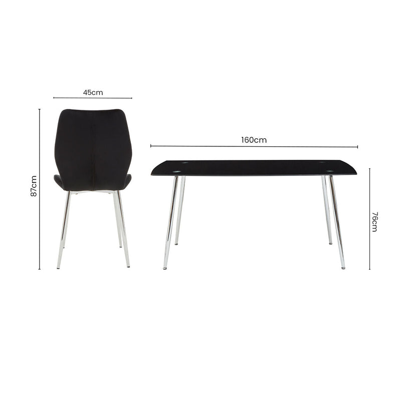 Black Tempered Glass Top and Silver Frame Dining Table with 6 Chairs Set | Wimslow