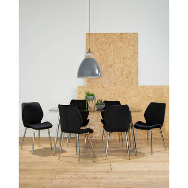 Black Tempered Glass Top and Silver Frame Dining Table with 6 Chairs Set | Wimslow