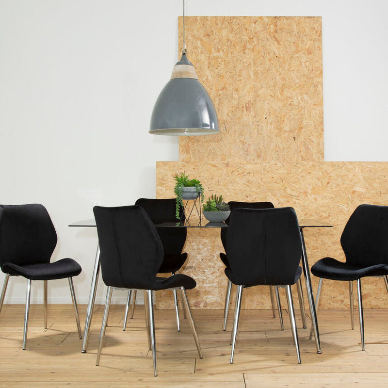Black Tempered Glass Top and Silver Frame Dining Table with 6 Chairs Set | Wimslow