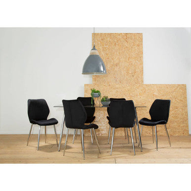 Black Tempered Glass Top and Silver Frame Dining Table with 6 Chairs Set | Wimslow