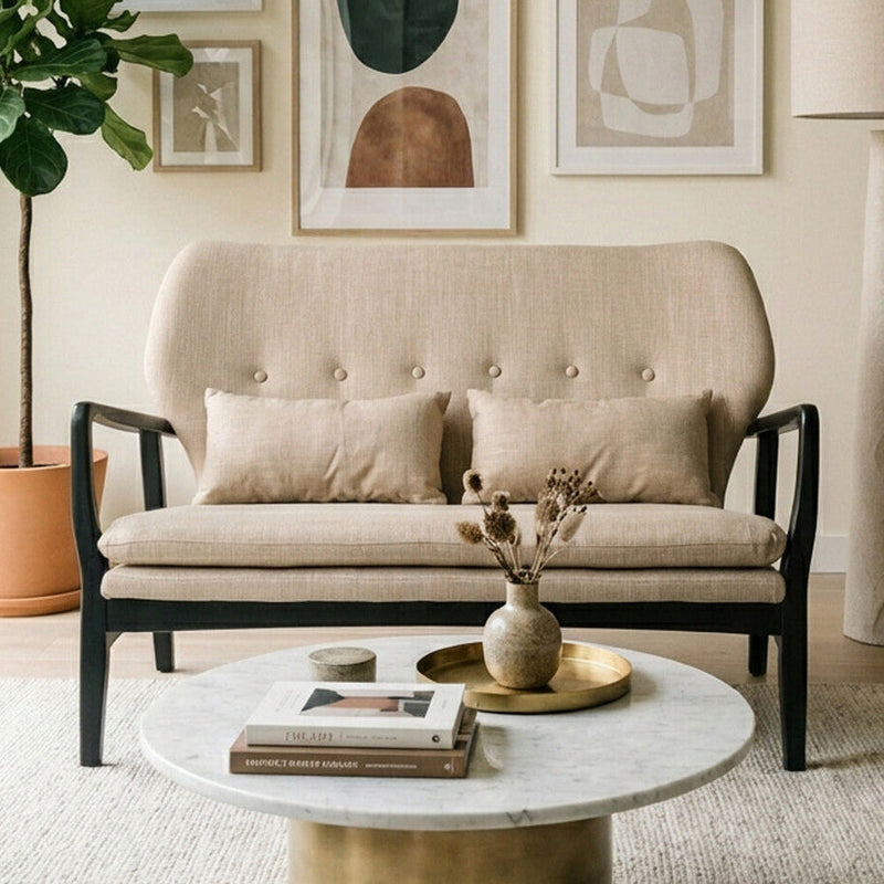 2 Seater Beige Sofa with Black Wood Frame | Stockholm