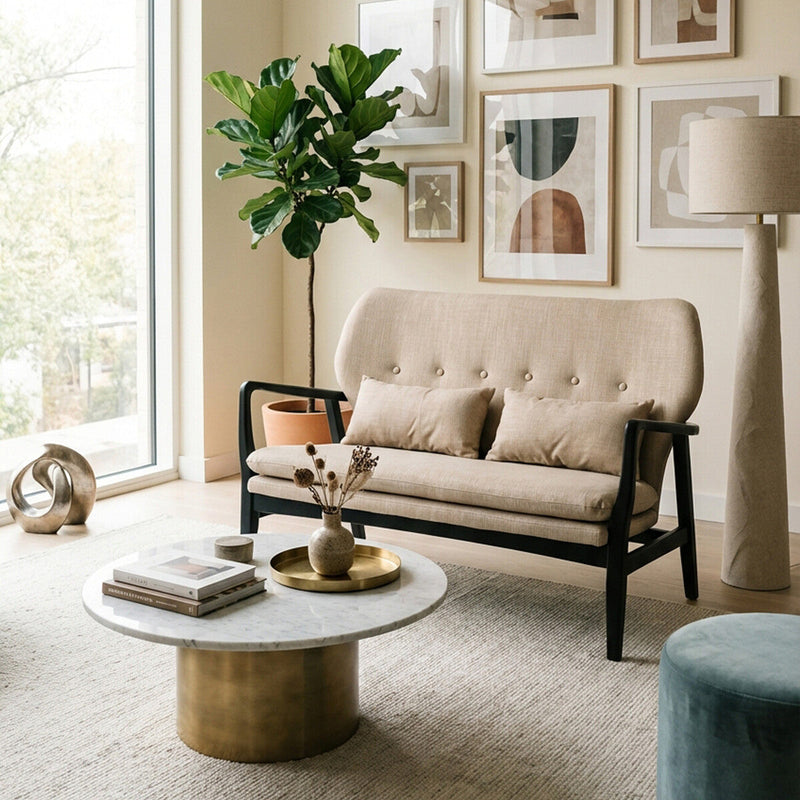 2 Seater Beige Sofa with Black Wood Frame | Stockholm