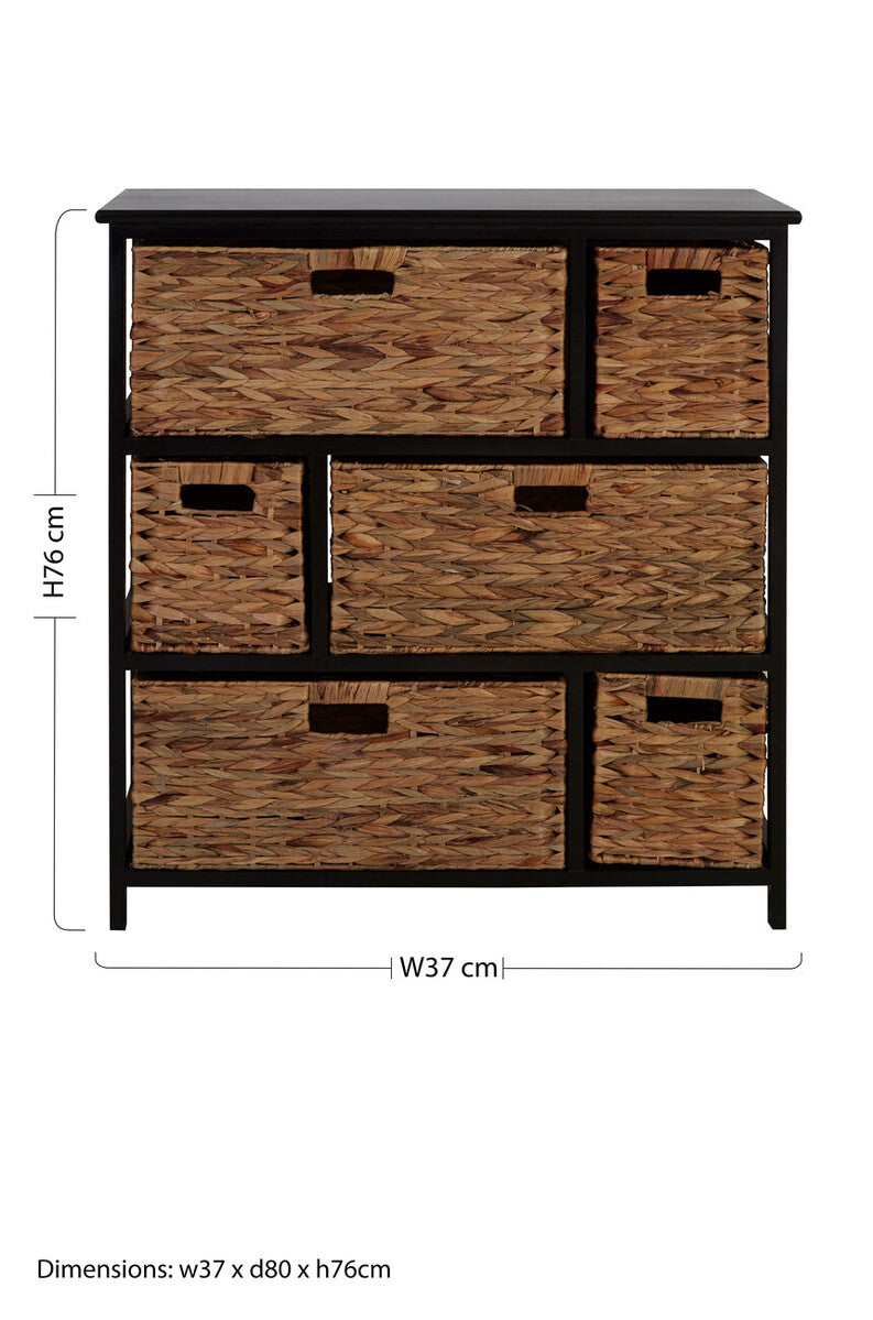 Black Storage Unit with 6 Water Hyacinth Drawers | Padstow