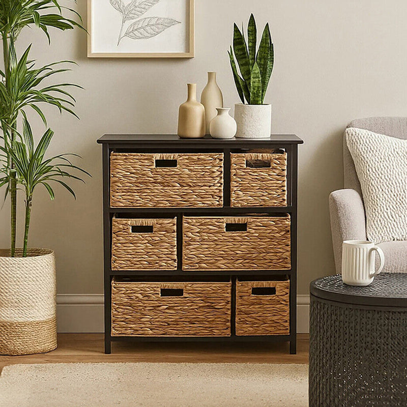 Black Storage Unit with 6 Water Hyacinth Drawers | Padstow