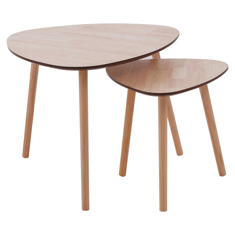 Set of 2 Natural Wooden Nesting Side Tables with Tripod Legs and Rounded Triangle Tops | Rostok