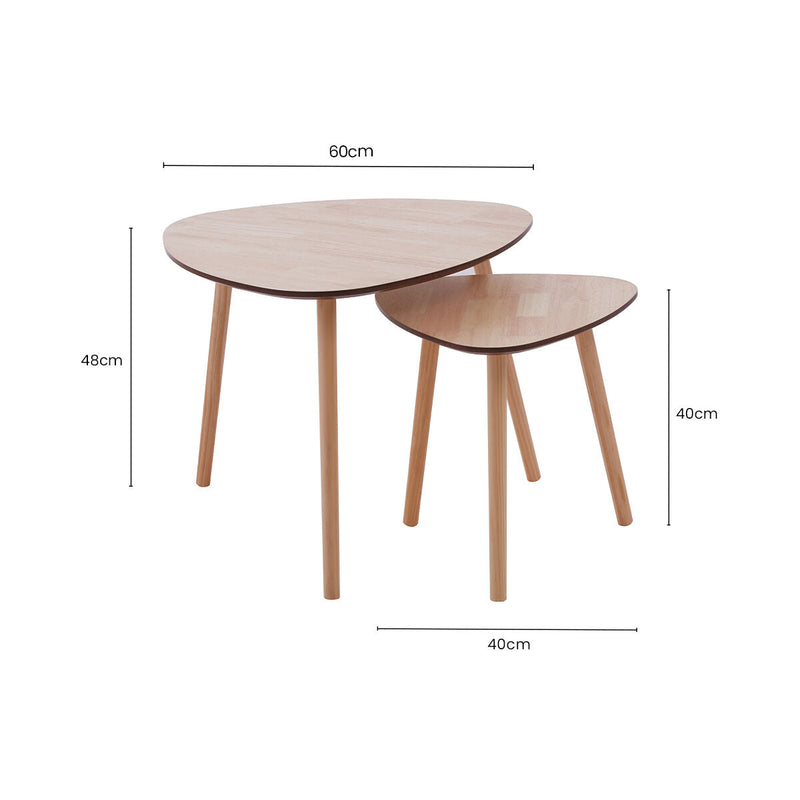 Set of 2 Natural Wooden Nesting Side Tables with Tripod Legs and Rounded Triangle Tops | Rostok
