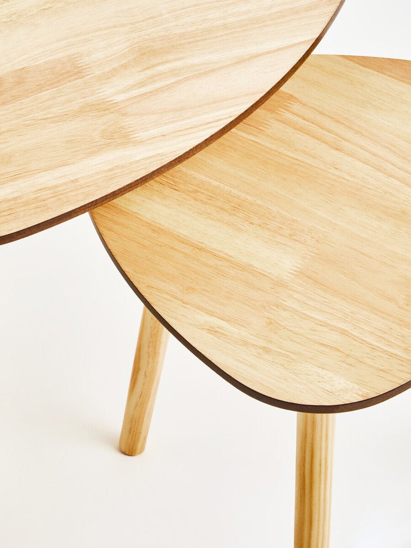 Set of 2 Natural Wooden Nesting Side Tables with Tripod Legs and Rounded Triangle Tops | Rostok