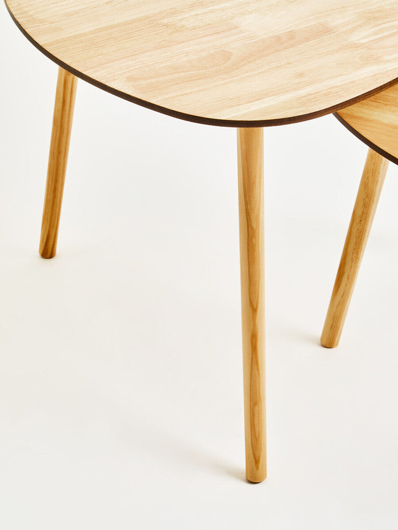 Set of 2 Natural Wooden Nesting Side Tables with Tripod Legs and Rounded Triangle Tops | Rostok