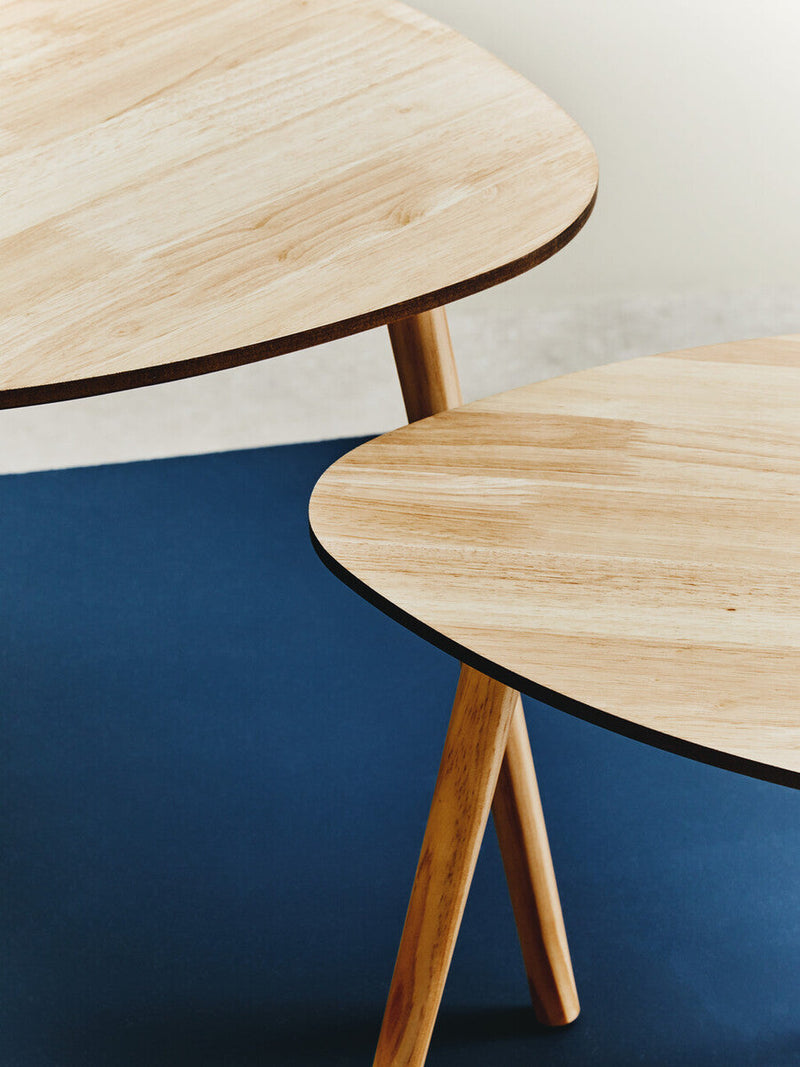Set of 2 Natural Wooden Nesting Side Tables with Tripod Legs and Rounded Triangle Tops | Rostok