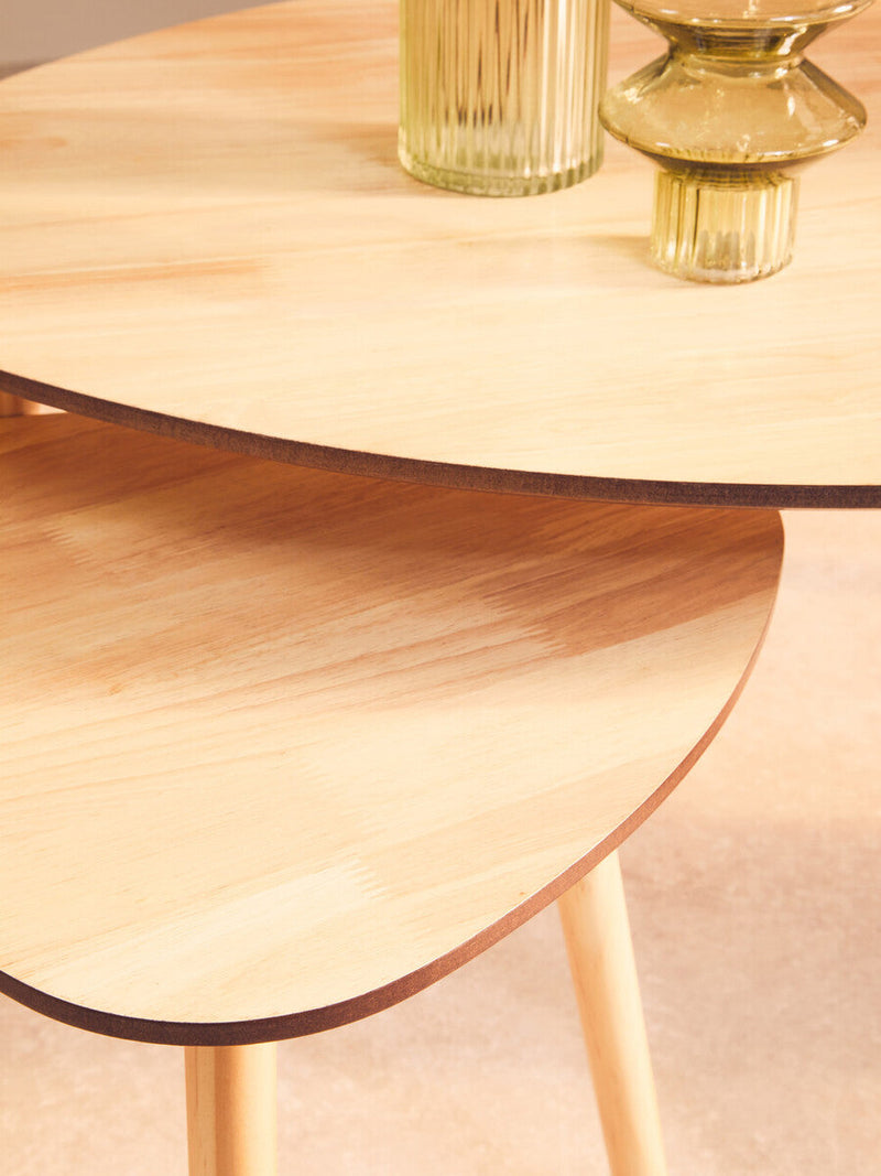 Set of 2 Natural Wooden Nesting Side Tables with Tripod Legs and Rounded Triangle Tops | Rostok