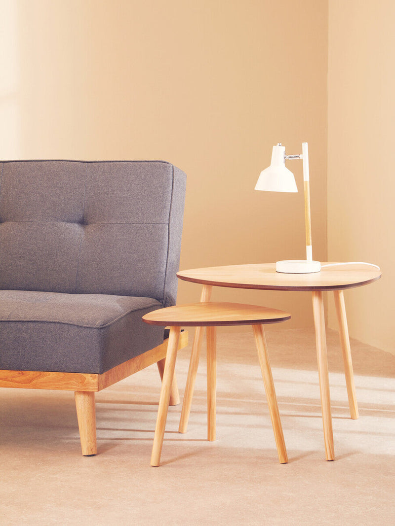 Set of 2 Natural Wooden Nesting Side Tables with Tripod Legs and Rounded Triangle Tops | Rostok