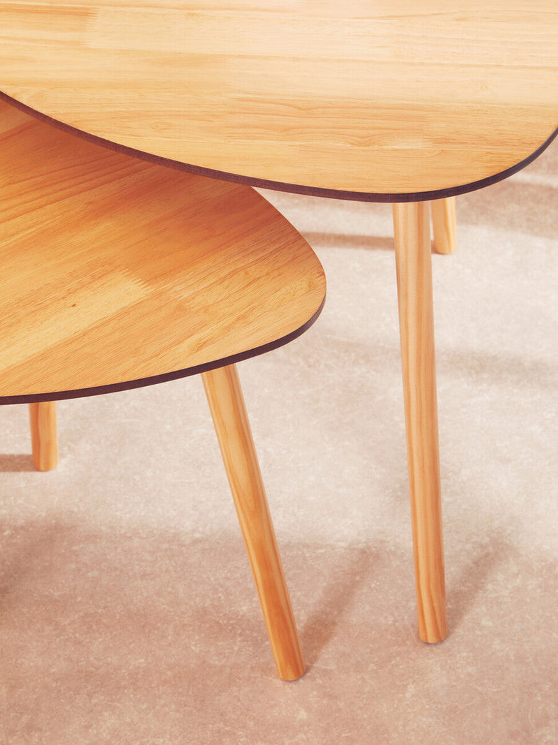 Set of 2 Natural Wooden Nesting Side Tables with Tripod Legs and Rounded Triangle Tops | Rostok