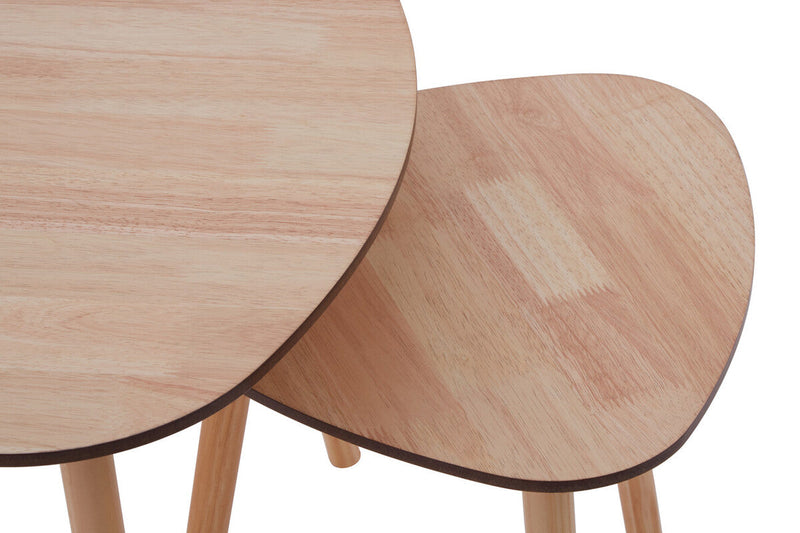 Set of 2 Natural Wooden Nesting Side Tables with Tripod Legs and Rounded Triangle Tops | Rostok