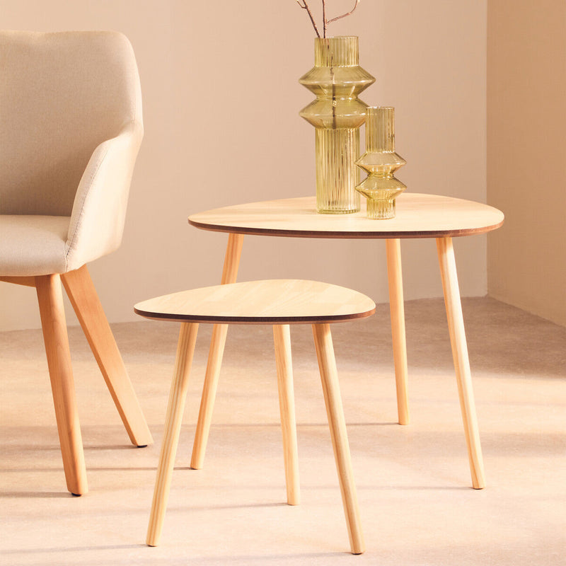 Set of 2 Natural Wooden Nesting Side Tables with Tripod Legs and Rounded Triangle Tops | Rostok