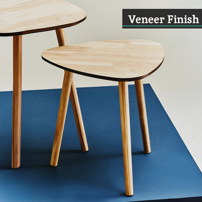 Set of 2 Natural Wooden Nesting Side Tables with Tripod Legs and Rounded Triangle Tops | Rostok