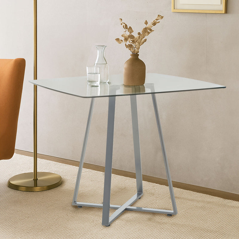 Clear Glass Top and Matte Grey Steel Square Dining Table | Metropolitan