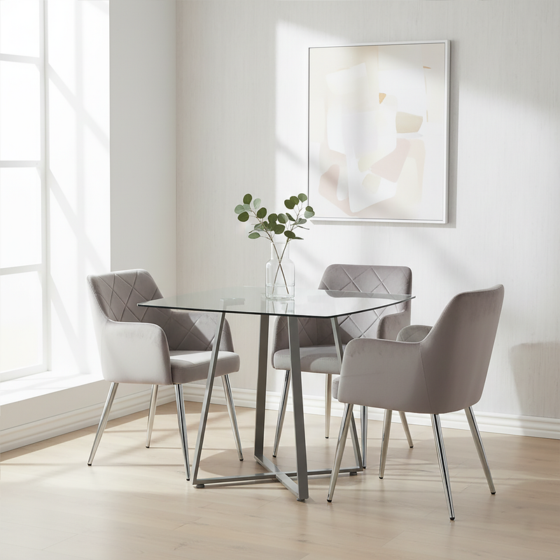 Clear Glass Top and Matte Grey Steel Square Dining Table | Metropolitan