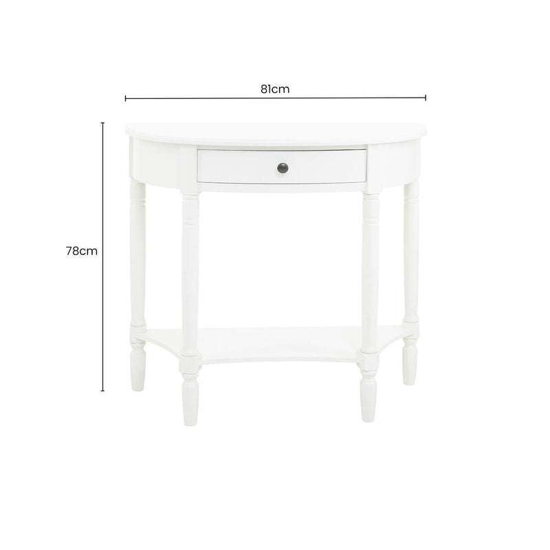 Half Moon White Wooden Console Table with One Drawer and Lower Shelf | Heritage