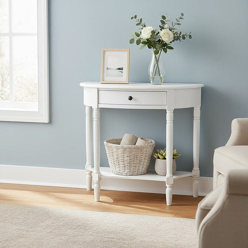Half Moon White Wooden Console Table with One Drawer and Lower Shelf | Heritage