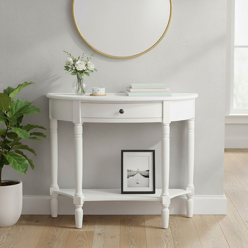 Half Moon White Wooden Console Table with One Drawer and Lower Shelf | Heritage