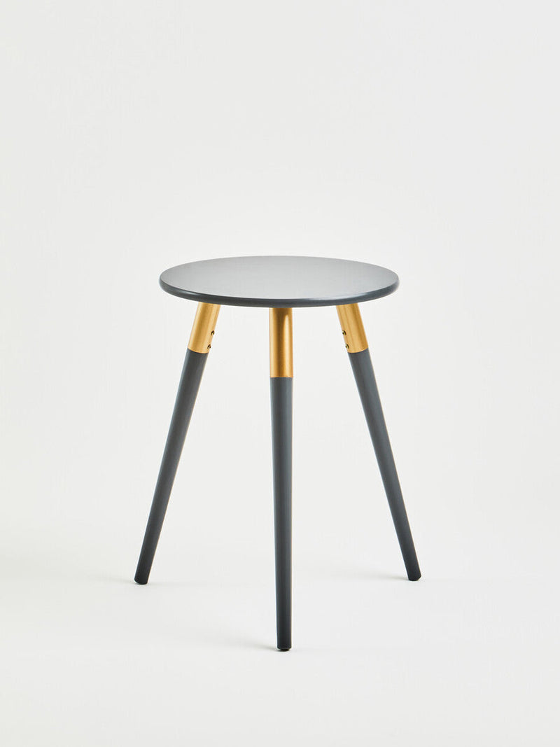 Dark Grey Round Top Wooden Side Table with Natural Wood Legs and Gold Trim | Nostra