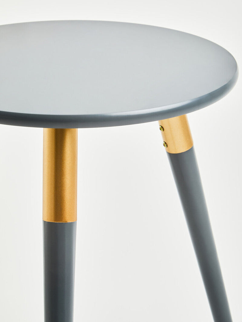 Dark Grey Round Top Wooden Side Table with Natural Wood Legs and Gold Trim | Nostra
