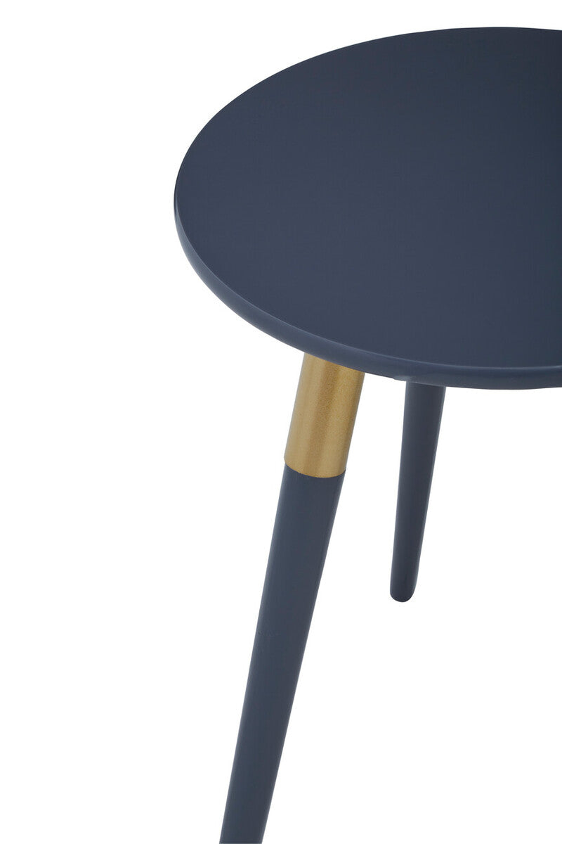 Dark Grey Round Top Wooden Side Table with Natural Wood Legs and Gold Trim | Nostra