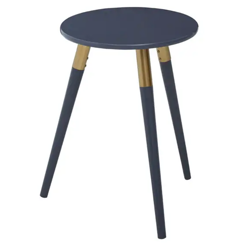 Dark Grey Round Top Wooden Side Table with Natural Wood Legs and Gold Trim | Nostra
