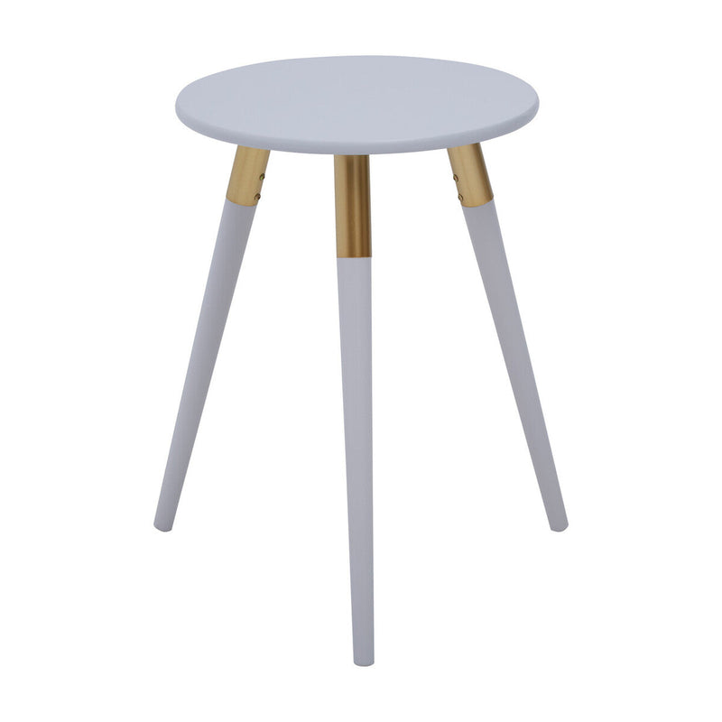 Light Grey Round Top Wooden Side Table with Natural Wood Legs and Gold Trim | Nostra