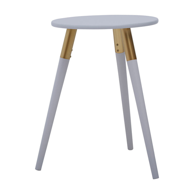 Light Grey Round Top Wooden Side Table with Natural Wood Legs and Gold Trim | Nostra