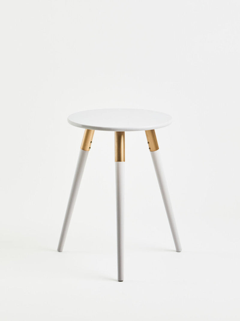 Light Grey Round Top Wooden Side Table with Natural Wood Legs and Gold Trim | Nostra