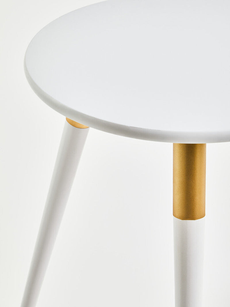 Light Grey Round Top Wooden Side Table with Natural Wood Legs and Gold Trim | Nostra