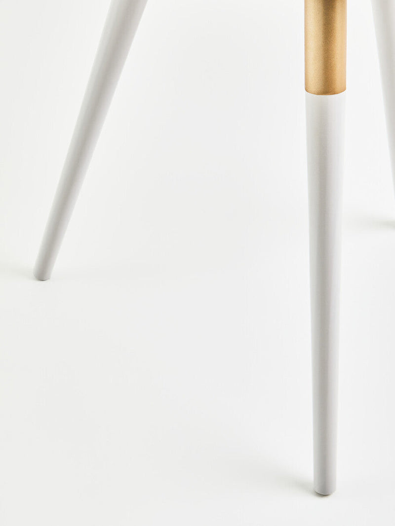 Light Grey Round Top Wooden Side Table with Natural Wood Legs and Gold Trim | Nostra