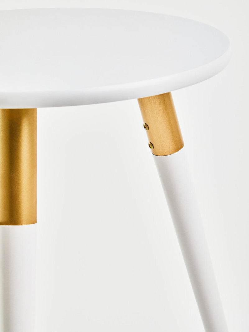 Light Grey Round Top Wooden Side Table with Natural Wood Legs and Gold Trim | Nostra