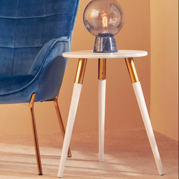 Light Grey Round Top Wooden Side Table with Natural Wood Legs and Gold Trim | Nostra