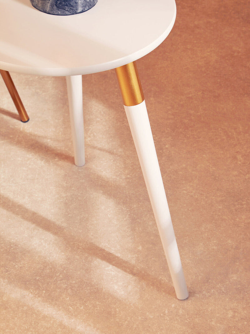 Light Grey Round Top Wooden Side Table with Natural Wood Legs and Gold Trim | Nostra