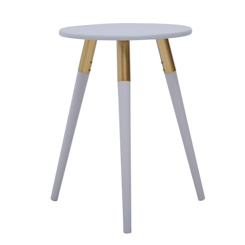 Light Grey Round Top Wooden Side Table with Natural Wood Legs and Gold Trim | Nostra