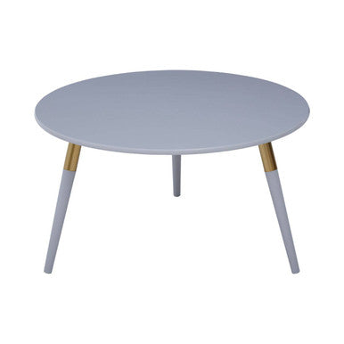 Light Grey Round Top Wooden Coffee Table with Natural Wood Legs and Gold Trim | Nostra