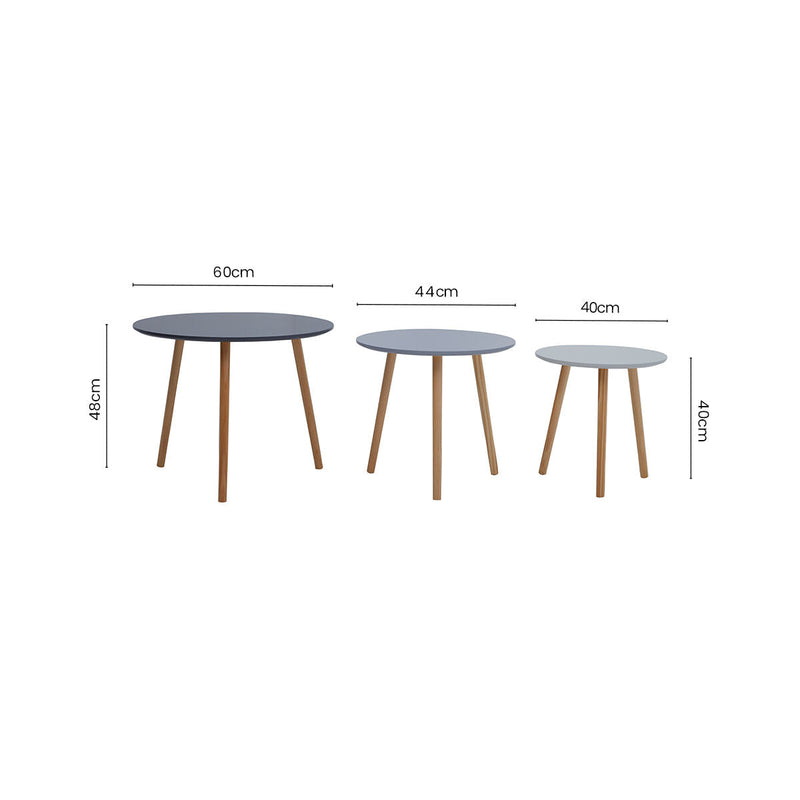 Set of 3 Grey Wooden Round Tables with Natural Wood Legs | Nostra