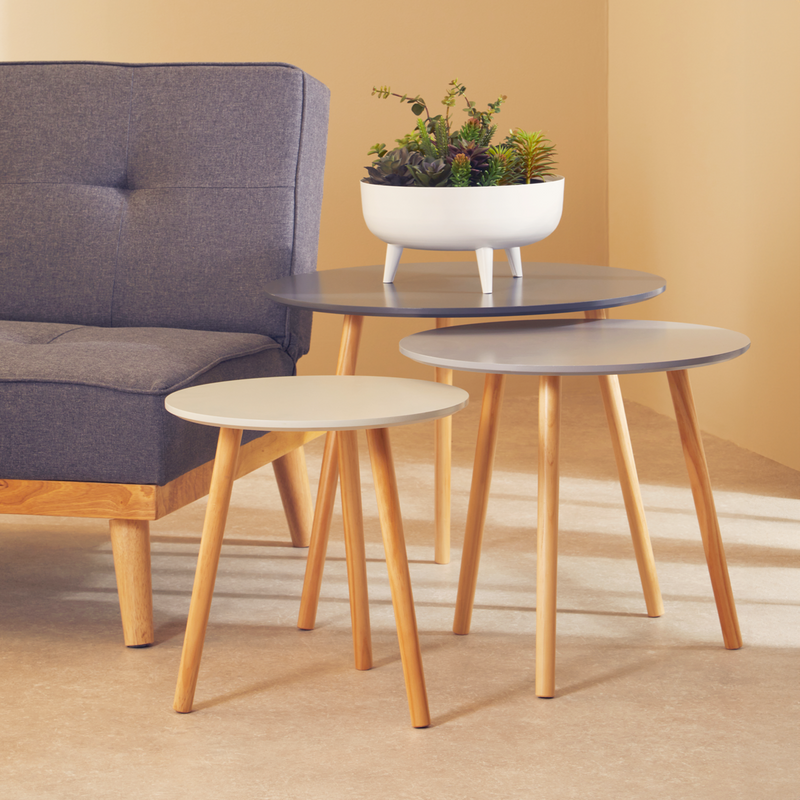 Set of 3 Grey Wooden Round Tables with Natural Wood Legs | Nostra