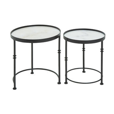 Set of 2 Black Frame and White Marble Top Round Nesting Side Tables | Arcana