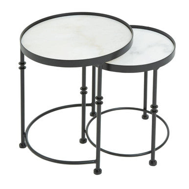 Set of 2 Black Frame and White Marble Top Round Nesting Side Tables | Arcana