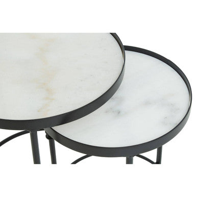 Set of 2 Black Frame and White Marble Top Round Nesting Side Tables | Arcana